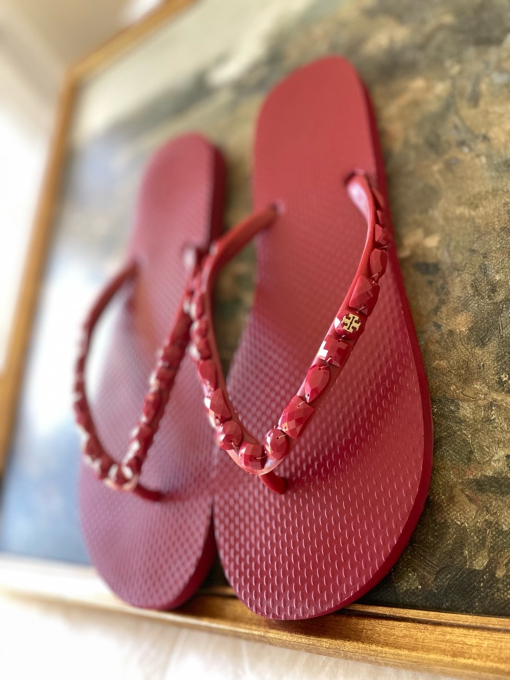 Tory Burch Red Flip Flop Sandals with Logo Embellishment Size 10